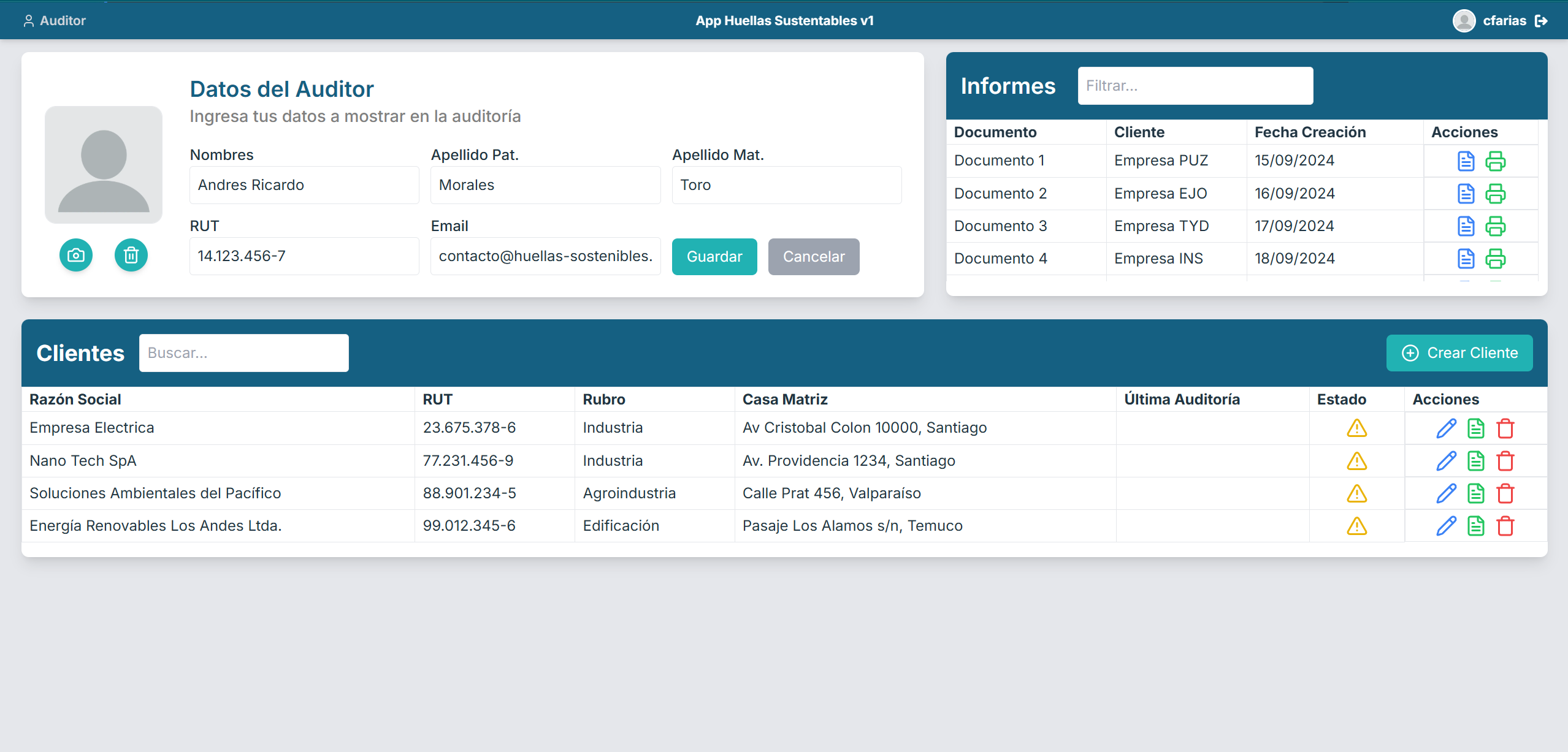 Captura de la vista de Auditor
